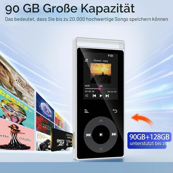 MP3 плеєр 90GB з Bluetooth 5.3 та HiFi звуком, сенсорним керуванням, кольоровим дисплеєм та FM-радіо, металевий корпус, підтримка карт пам'яті до 128GB, чорний/сріблястий