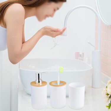 Набір аксесуарів для ванної кімнати з бамбука (4 шт.) - зубний стакан, тримач для зубної щітки, дозатор для мила, флакон для лосьйону, тримач для ополіскувача (білий)