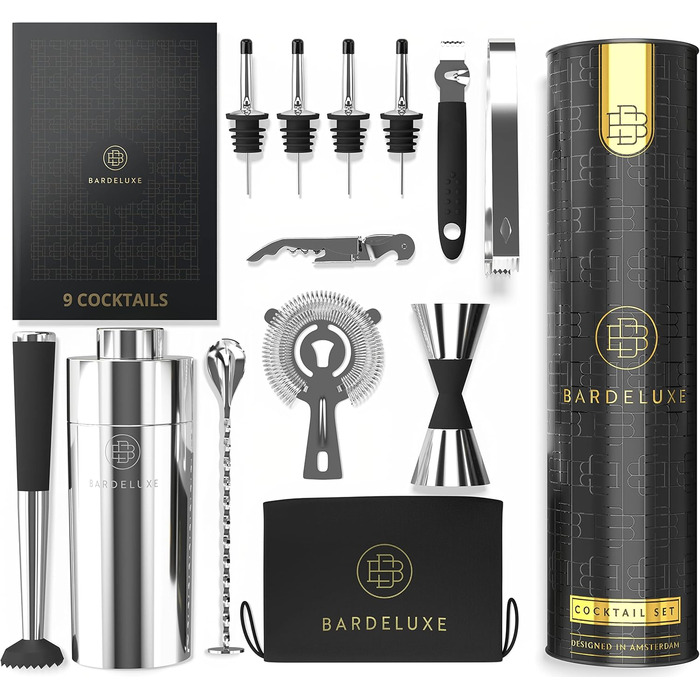 BarDeluxe® 12-Piece Cocktail Set, Bartender Set, Cocktail Mixer Set | 750ml Stainless Steel Cocktail Shaker, Cocktail Shaker Set, Bartender Set | Luxury Cocktail Gift Set (Silver)