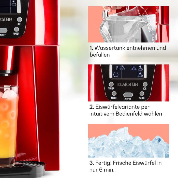 Машина для приготування льоду Klarstein Eiswürfelmaschine Klein, 2L, червона, з дозатором води, для 12 кг льоду, швидка, з сигналом