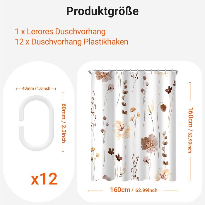 Штора для душу 240x200 см з квітами, поліестер, антигрибкова, водовідштовхувальна, з утяжеленим краєм, з кільцями для душу (Коричнева)