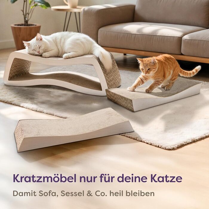 Кігтеточка для котів 3 в 1 XXL, 75 см – Міцний картон для догляду за кігтями, до 2 років використання, економія місця, захист меблів (Mountain), білий