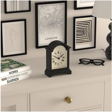 JONES CLOCKS® Bistro Table Clock | Classic Arch Design | White | Timeless Style for Desk, Table, Shelf, or Nightstand (Black)