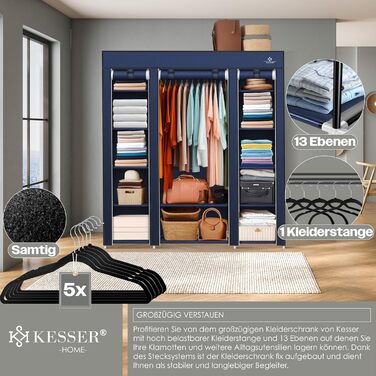 KESSER® Wardrobe Clothes Closet Stable with Clothes Rail & Shelves, Incl. 5x Clothes Hangers, Fabric Folding Closet for Bedroom, Dressing Room Wardrobe with Clothes Rack 150x45x175cm (Navy Blue)