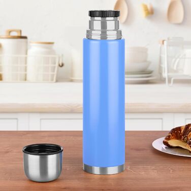 Термос GRÄWE з нержавіючої сталі, 1 л/350 мл, блакитний, з чашкою, для напоїв, ізотермічна пляшка, миється в посудомийній машині