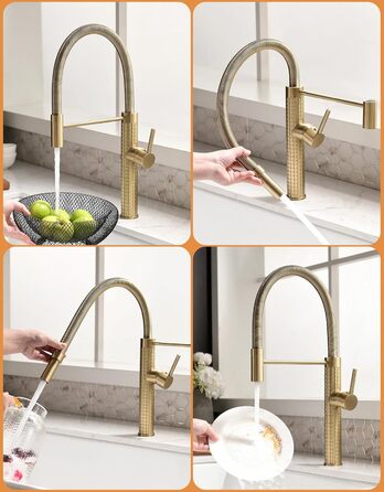 Кухонний змішувач TIMACO висувний, поворотний на 360°, золото. Змішувач для кухні, одноручний, для мийки.