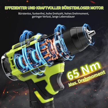 Акумуляторний шуруповерт 21V з набором 46 предметів: безщітковий дриль-шуруповерт, 2 акумулятори 2000 mAh, патрон 3/8', 20+3 ступені крутного моменту, до 65 Н.м, LED-ліхтар, 2 швидкості, аксесуари для електроінструментів