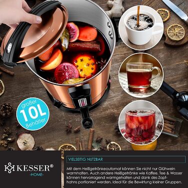 KESSER® 10L Stainless Steel Mulled Wine Boiler Including 10 Cups Mulled Wine Cooker with Thermostat, Mulled Wine Dispenser, Hot Beverage Dispenser, Kettle, Hot Water Dispenser, Canning Machine, Fill Level Indicator, Tap (Copper)