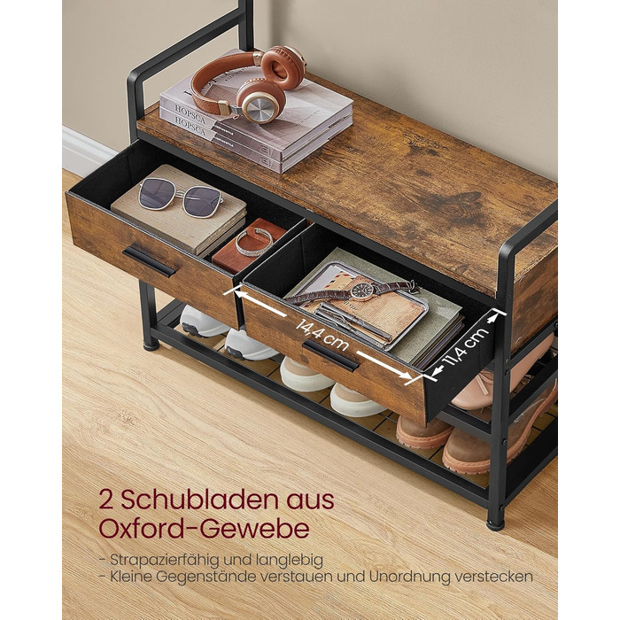 VASAGLE Coat Rack with Shoe Bench, Coat Rack, Shoe Storage, 2 Fabric Drawers, 10 Hooks, 6 Side Hooks, 30 x 80.4 x 181.6 cm, Vintage Brown-Ink Black HSR429B01