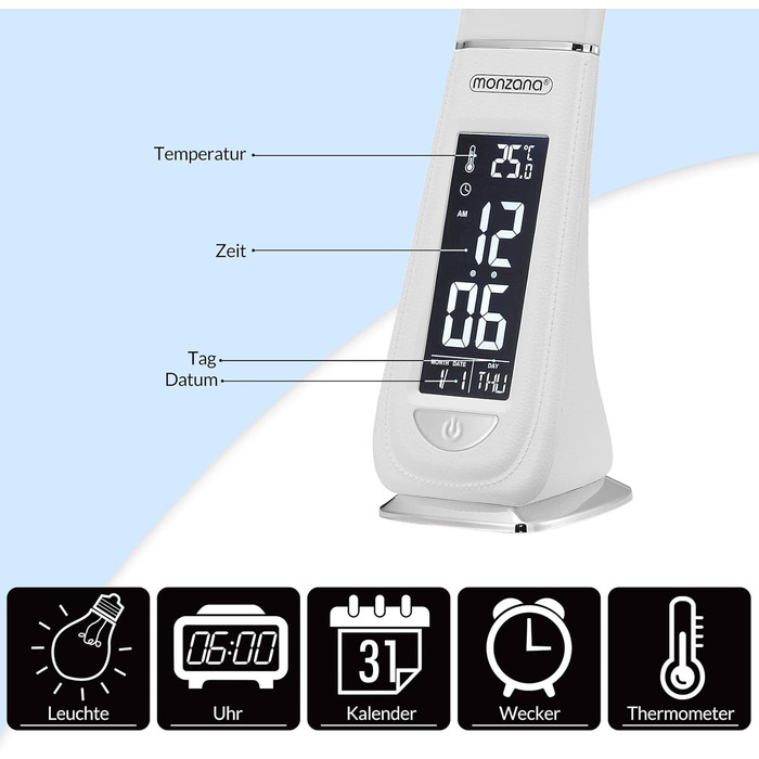 Лампа настільна LED Monzana з годинником, будильником, термометром, календарем, регулюванням яскравості. Біла