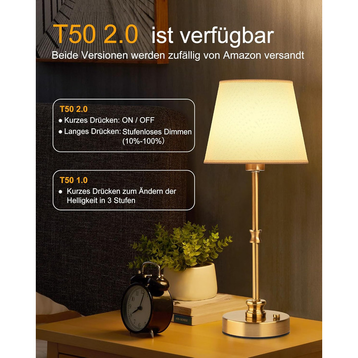 LED настільна лампа EppieBasic бездротова, торшер з торканням, регулювання яскравості, акумулятор 5200mAh, тепле світло 2700K, бронза, для спальні, вітальні, ванної кімнати