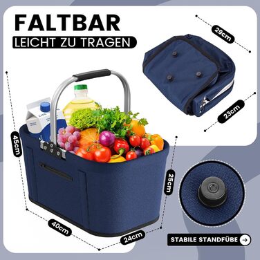 Складаний кошик для покупок на 30 літрів з 4 стійками | Міцний кошик для перенесення та пікнік | Великий кошик для сім'ї (46x27x25см) | З м'якими ручками | Для покупок, подорожей, кемпінгу (30л, Синій)