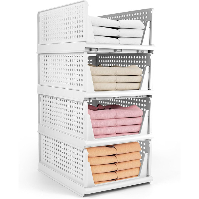Diealles Stackable Drawer Boxes, 4 Pack Closet Organizer Pull Out, Plastic Drawer Organizer Closet, Foldable Closet Drawers for Clothes Closet Pantry (White)