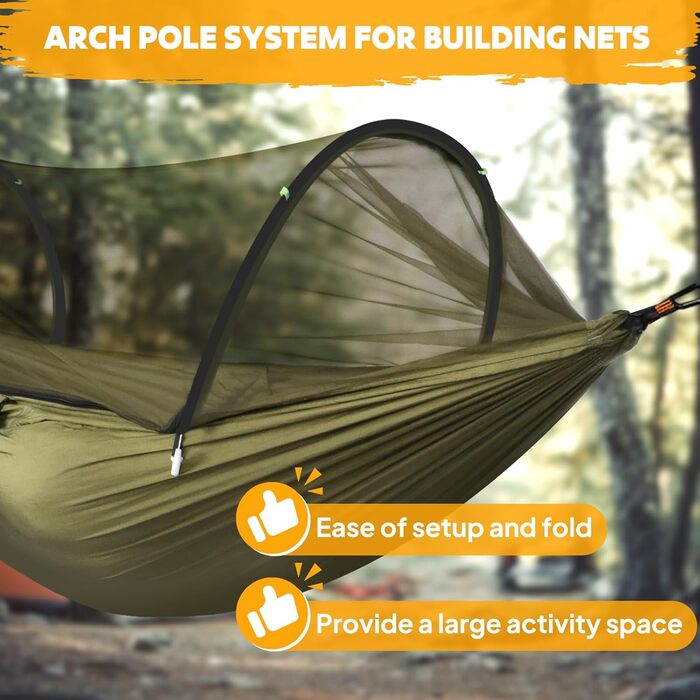 Гамак для кемпінгу NATUREFUN з москітною сіткою | Легкий, міцний (300 кг), дихаючий, швидковисихаючий, армійний зелений | 2 карабіни, 2 стропи в комплекті