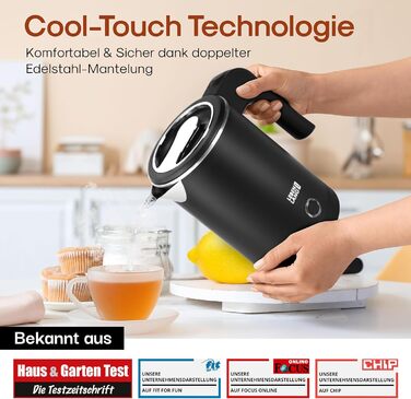 Електричний чайник для подорожей LEBENLANG Edelstahl 500 мл - нержавіюча сталь, BPA-Free, 600W, білий, енергоефективний, 0.5 л, для кемпінгу та подорожей (чорний)