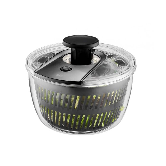 GEFU Салатниця-шпинька 5л з механізмом Push, вбудований виливний отвір та кнопка стоп, неслизька поверхня, придатна для миття в посудомийній машині, прозора