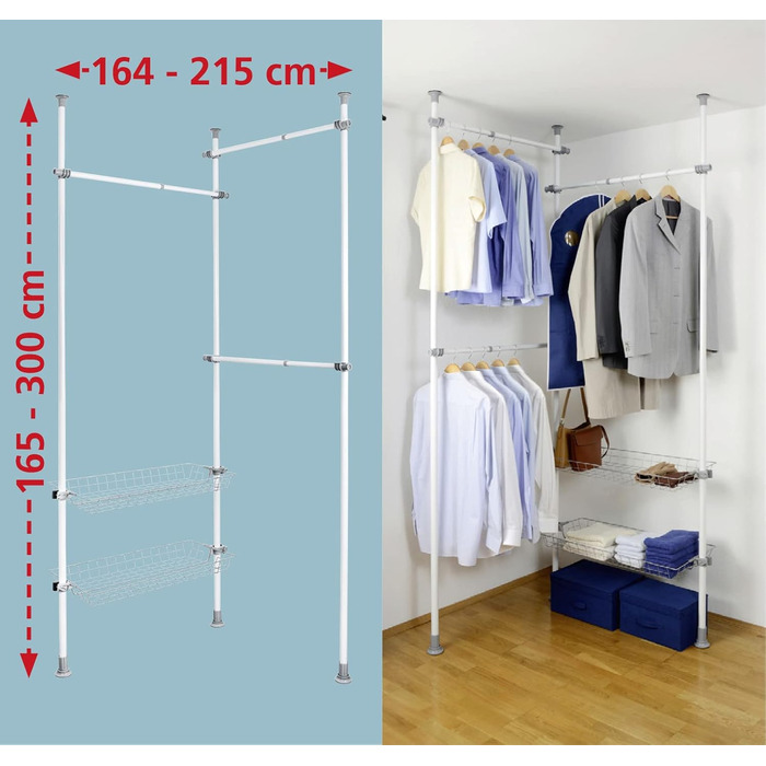 WENKO Telescopic System Hercules Duo, 3 Clothes Rails, 2 Storage Baskets, Extendable, Powder-Coated Metal, 164-215 x 165-300 x 38 cm, Matt (White, Single)