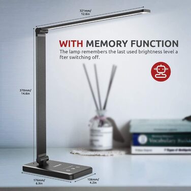 LED настільна лампа з регулюванням яскравості, 5 кольорів та 10 рівнів, захист очей, сенсорне керування, складна, нічна лампа з акумулятором 2500mAh (чорний)