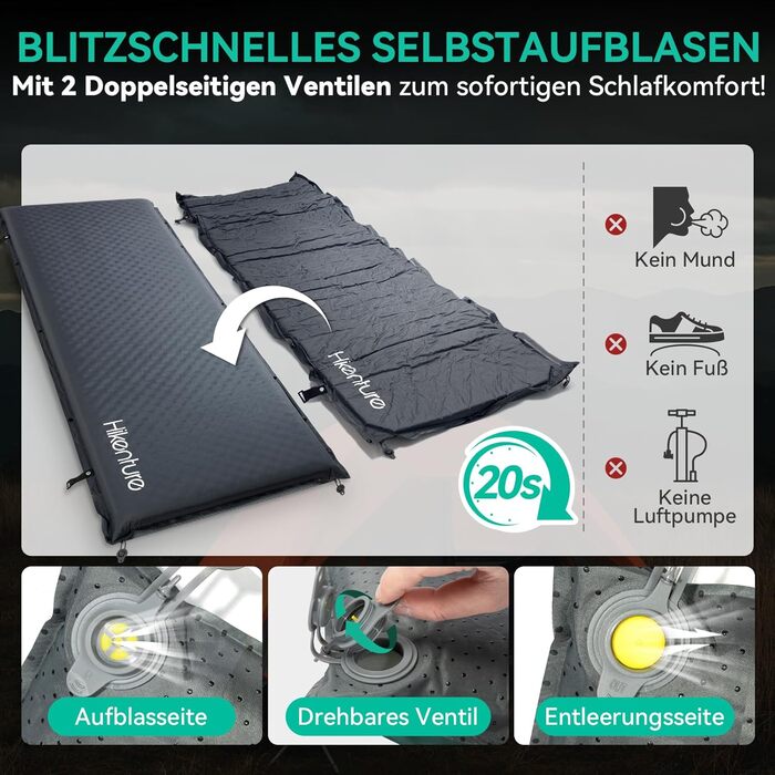 Каремат HIKENTURE самонадувний, 10 см товщини, для кемпінгу, туризму та подорожей, сірий