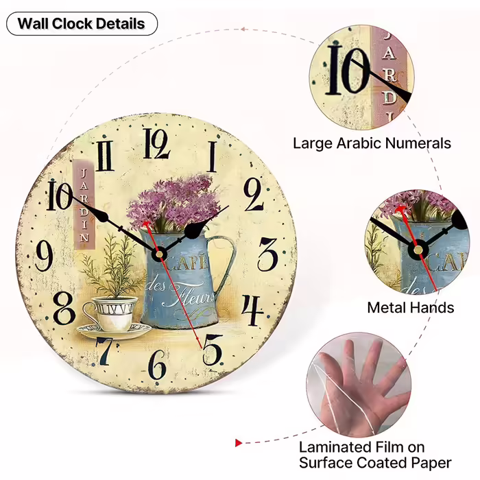 Toudorp Wooden Wall Clock with Arabic Numerals, Easy to Read, Silent Wall Clock, Retro, Battery Operated, Cafe and Flower Pattern, Decorative for Bedroom, Living Room, Dining Room (Cafe and Flowers, 12 inches)