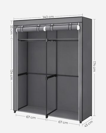 SONGMICS Storage Cabinet, Portable, with Hanging Rod, Foldable, Wardrobe, Bedroom, Office, 140 x 43 x 174 cm, Grey RYG02GY