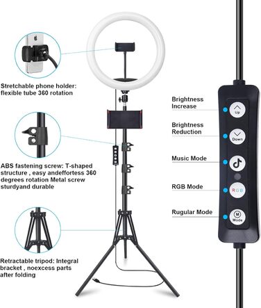 Кільцеве світло 13 дюймів з штативом, кліп для планшета та 2 тримачі для телефону, 3000-6000K, 10 рівнів яскравості, музичні режими, 100 RGB-режимів, LED кільцеве світло для селфі, TikTok, Vlog, YouTube, Facebook відео