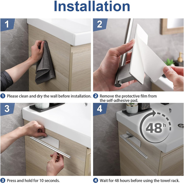 Тримач для рушників без свердління, на клейкій основі, 28 см, нержавіюча сталь, срібляний, односторонній