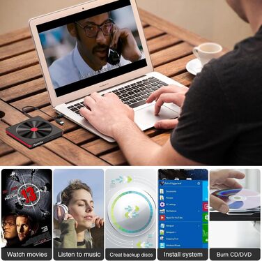 Зовнішній DVD-накопичувач та CD-привід USB 3.0 / USB-C, зовнішній DVD-записувач для ноутбука, ПК, Mac, Windows 11/10/8.1/7, Linux, чорний
