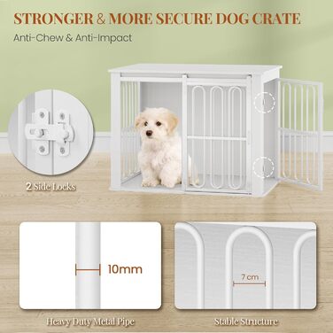 Дерев'яний вольєр для собак, 81 см, переноска для собак, клітка з 2 дверцятами, розсувні двері, для маленьких та середніх собак, міцний, з функцією столику, 81 × 55 × 62,4 см, білий