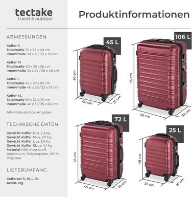 Набір валіз Tectake® 4 шт. з TSA замком, жорсткий корпус, телескопічна ручка, 4 колеса, 360° обертання, зелений (вишневий)