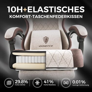 Ігровий крісло Dowinx з тканиною та пружинним сидінням, масажною підтримкою попереку, підніжкою для ніг, ергономічний дизайн, велике та високе, для офісу та ігор, 135 кг, коричневий