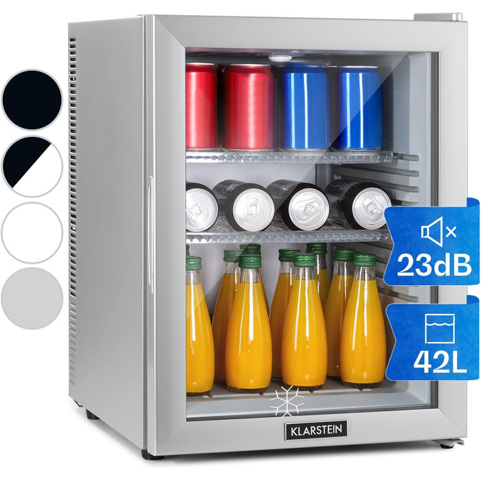 Klarstein Mini Fridge with Glass Door - Beverage, Snack & Cosmetic Cooler, Compact & Quiet, Adjustable Shelves, Skincare Fridge 12-18°C, 42L, Silver