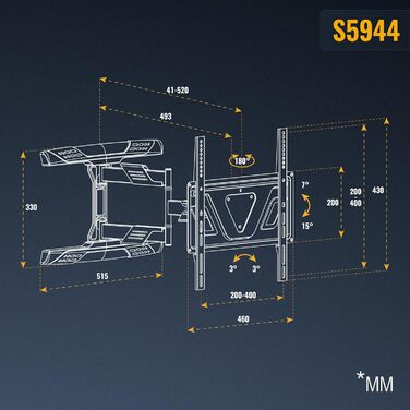 Кріплення для телевізора RICOO S9544 - поворотне та нахильне, для телевізорів 40-65 дюймів, до 45 кг, VESA 400x400 мм, універсальне, підходить для плоских та curved телевізорів