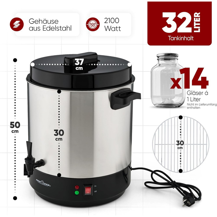 ProfiCook® Hot Beverage Machine with 7L Tank Capacity | Mulled Wine Cooker with High-Quality Stainless Steel Housing | for Heating and Keeping Warm | Punch Cooker for Mulled Wine, Tea & Coffee | PC-HGA 1196 (Black-stainless steel 32l)