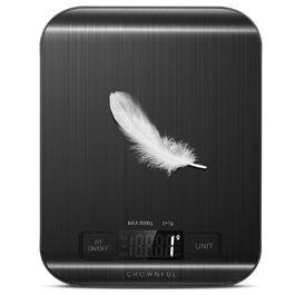 Кухонні ваги CROWNFUL, цифрові, 5 кг, з LCD-дисплеєм, нержавіюча сталь, висока точність (1 г), функція тарування (чорний)