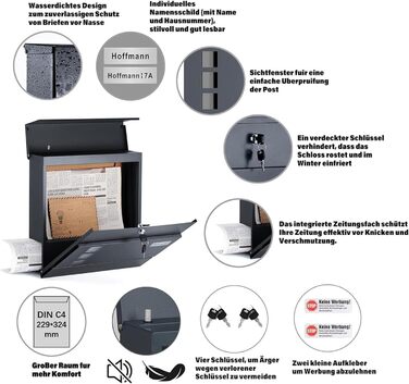 Поштовий ящик Zedelmaier з нержавіючої сталі, індивідуальне гравіювання, з газетницею, замком та 2 ключами, антрацит 33x31x10 см