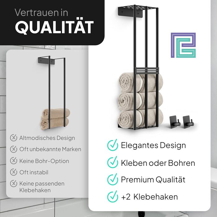 Тримач для рушників на стіну без свердління, чорний, 72,5 см - металева полиця для рушників у ванну кімнату, самоклеюча, для великих та маленьких рушників