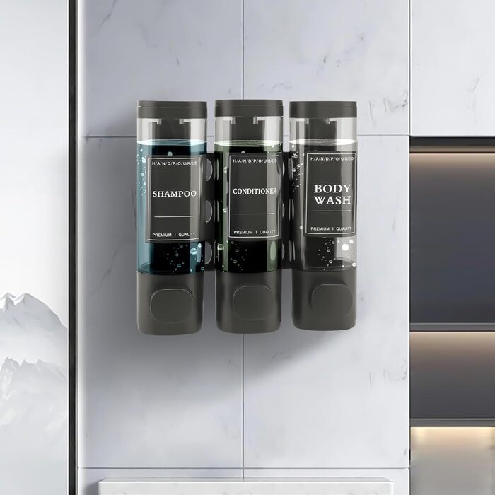 Настінний диспенсер для мила, шампуню та гелю для душу на 3 камери, 300 мл, сірий (ABS)