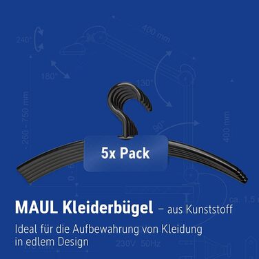 MAUL Plastic Clothes Hangers | Modern plastic hangers with an elegant design | Sturdy and robust hangers for jackets, shirts, and trousers | Black | 5-piece set