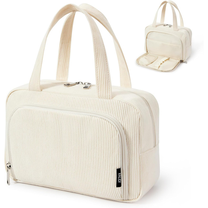 Косметичка жіноча Kalidi з багатьма відділеннями та слотом для пензлів, велика сумка для макіяжу, органайзер для косметики, валізка, темно-зелений (бежевий)