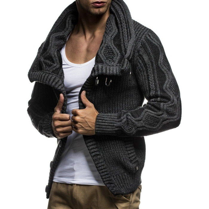 Чоловічий светр Leif Nelson з коміром-шарфом, Slim Fit, зимовий, повсякденний, велика в'язка, чорний, з капюшоном, Розмір: XL