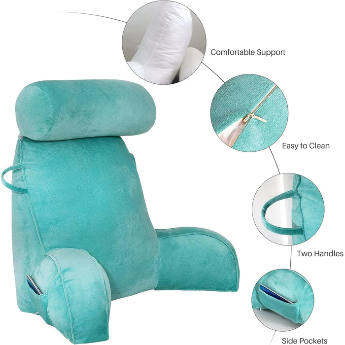 Подушка для читання з велюру, подушка для сидіння в ліжку для дорослих, спинка для ліжка з круглою подушкою, подушка для відпочинку в ліжку з підтримкою спини та рук, кишеню та знімний чохол (Синій / Зелений)