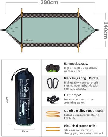 Гамак-намет для кемпінгу з москітною сіткою та сонцезахистом, 290x140 см, великий простір, багатофункціональний, легкий, з ременями для кріплення до дерева, підлоговий намет для відпочинку на природі, пішохідний туризм, зелений