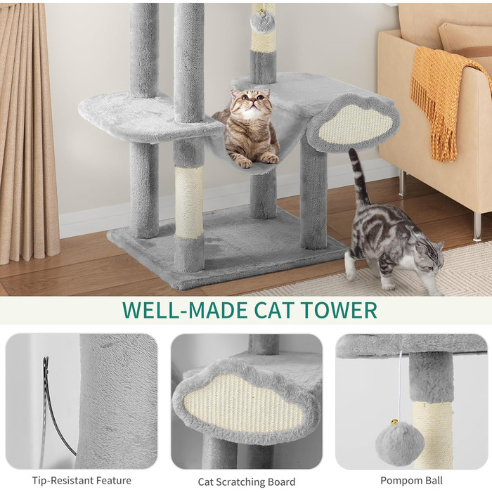 Кігтеточка YITAHOME XXL для котів, 142 см, сіра, з 8 стовпчиків сизалю, 3 платформи, 2 печери, гамак, іграшки, кігтешкребок, кріплення для лазіння