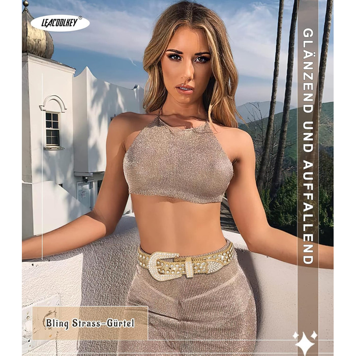 LEACOOLKEY Ремінь зі стразами для чоловіків та жінок, блискучий вестерн кантрі ковбойський ремінь з пряжкою золотого кольору, для джинсів, штанів, суконь. Розмір S: 73-82 см (загальна довжина 105 см)