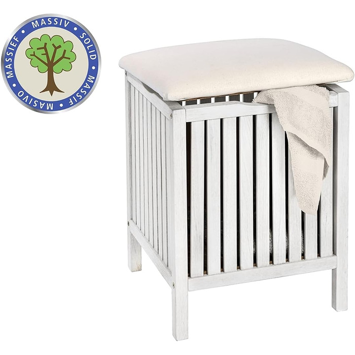 WENKO Badhocker Norway with Laundry Hamper, Storage Ottoman with Padded and Flip-Up Seat as Lid, Solid Walnut Wood, Oiled, Capacity 65 L, (W x H x D): 39 x 52 x 39 cm, Natural (White)