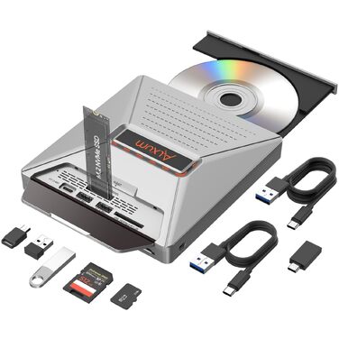 Зовнішній DVD-привід Alxum USB-C 3.0 з картридером SD/TF та додатковим USB-портом для ноутбука, DVD/CD запис та читання, Plug & Play, сірий