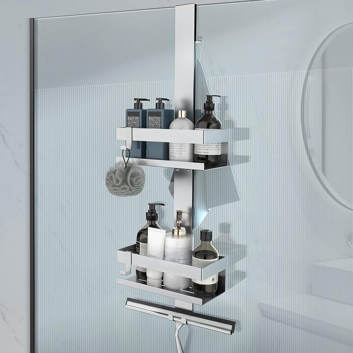 Uuliyer Shower Shelf for Hanging, Stainless Steel SUS304 Shower Rack No Drilling Required for Frameless Glass Door, Shampoo Shower Gel Holder for Shower (Style A (Silver))