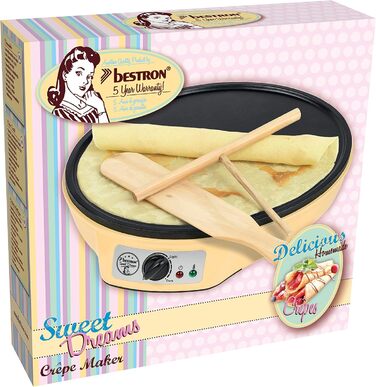Електрична млинниця Bestron Retro, 1000 Вт, 30 см, антипригарна, жовта, з розподілювачем тіста та лопаткою для млинців