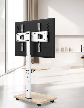 Підставка для телевізора Delphos Mobiler TV Stand - роликова, з дерев'яною основою, для телевізорів 32-70 дюймів, до 45 кг, регульована висота до 130 см, поворотна ±25°, VESA 600x400, біла